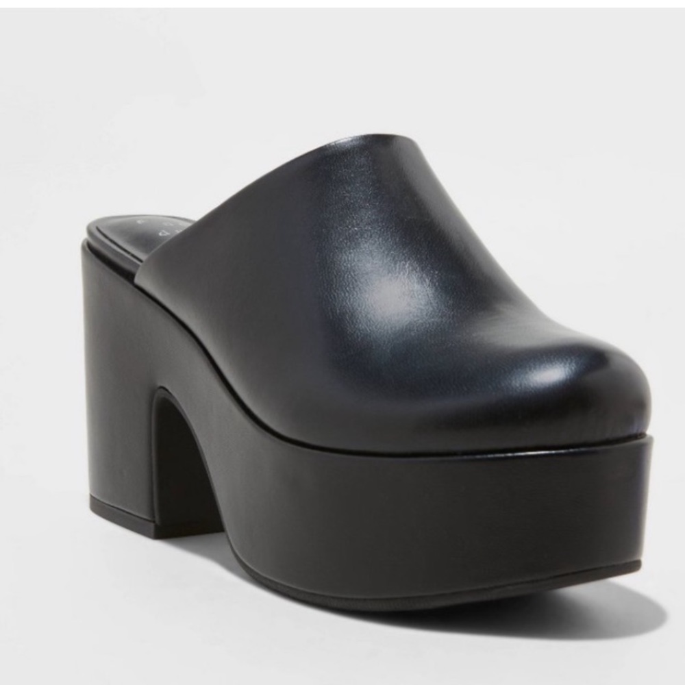 A New Day Black Vegan Leather Cheyenne Platform Clog Heels Mules Size 10